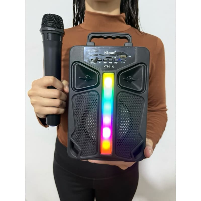 caixa de som portátil 25cm c/microfone karaokê bluetooth pendrive rádio cartão de memória