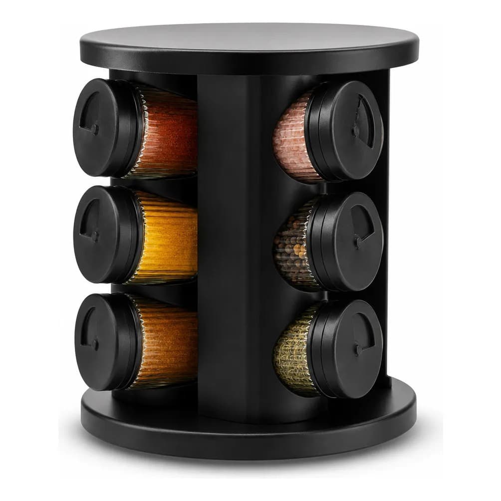 Suporte Giratório Condimentos Temperos — 9 Potes de Vidro Line Diamond 85ml Tampas Ajustáveis