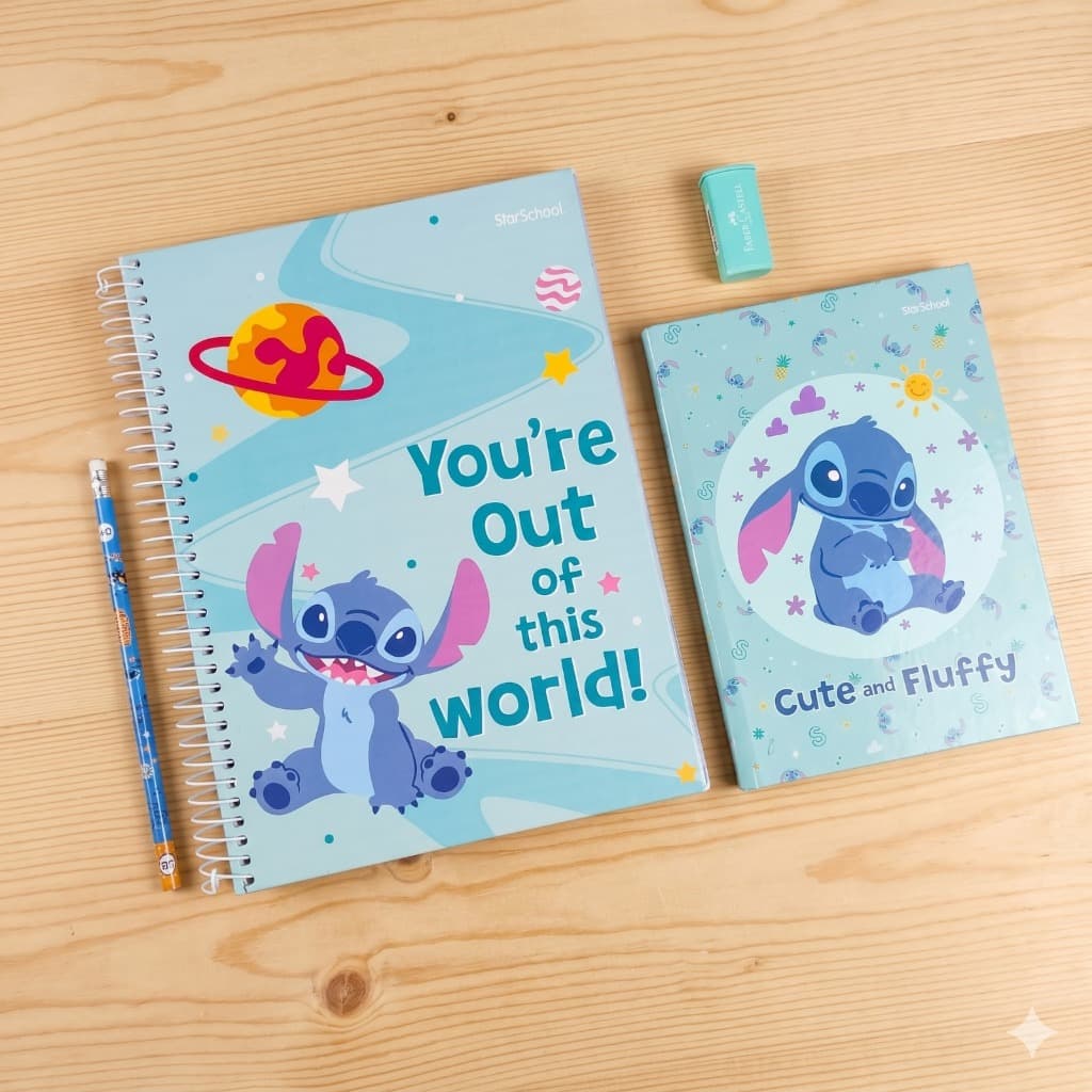 KIT Lilo e Stitch Completo - Caderno de 10 Matérias Agenda Brochura 1/4 Lápis de Escrever Apontador