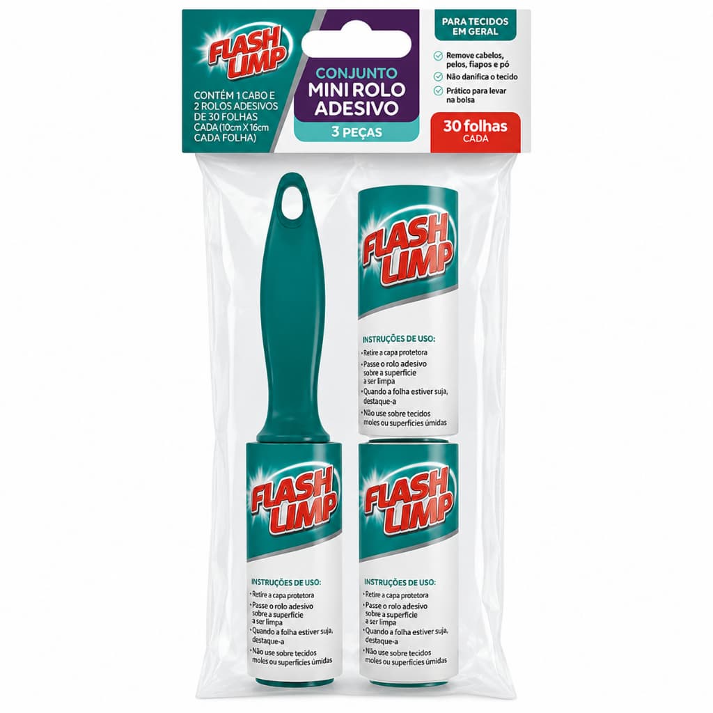 Kit Rolo Adesivo Flash Limp 3 peças Tira Pelos