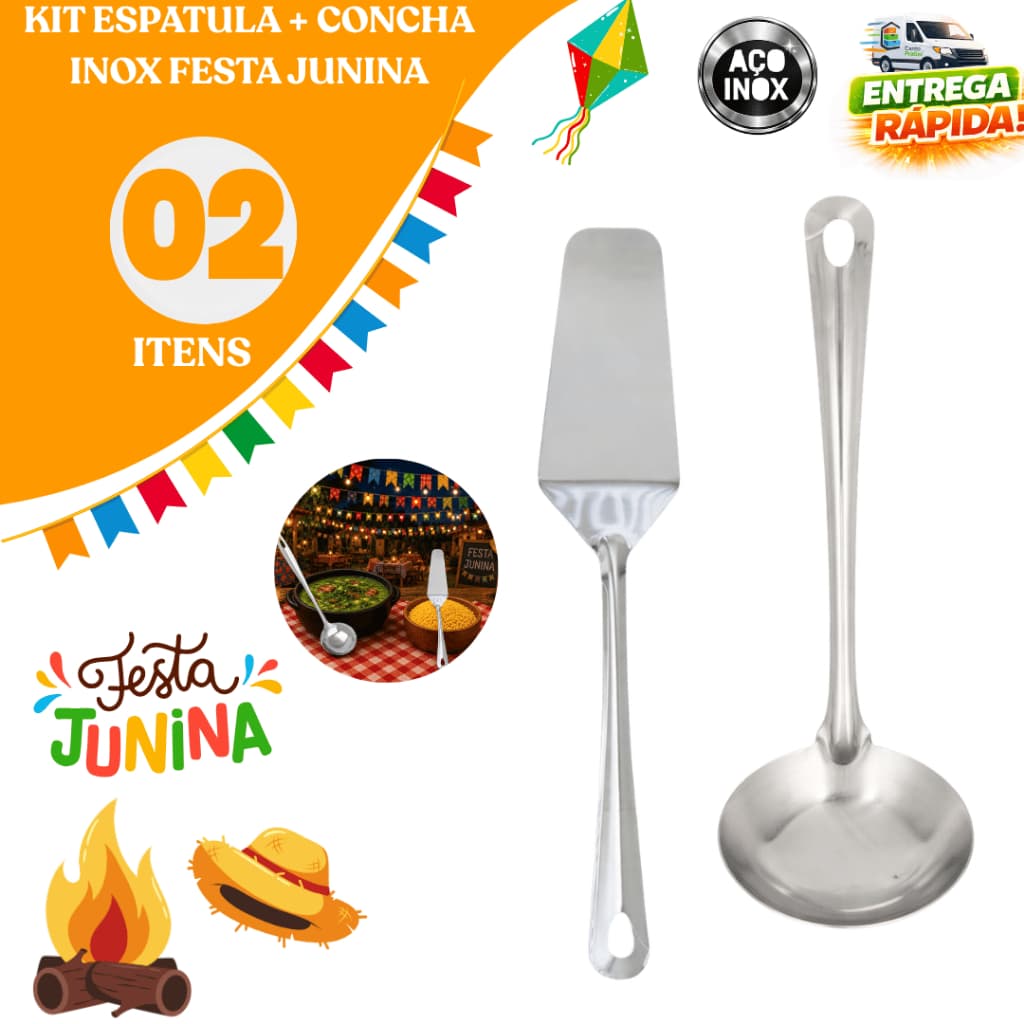 Kit 02/04 Espátula Concha Inox Festa Junina Cozinha Caldo Cuscuz Resistente Restaurante Buffet