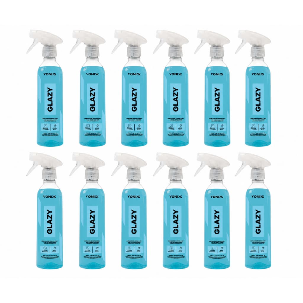 KIT 12 GLAZY 500ML LIMPA VIDROS AUTOMOTIVO VONIXX 4 EM 1 COM REDUTOR DE ATRITO E RISCOS ATACADO REVENDA