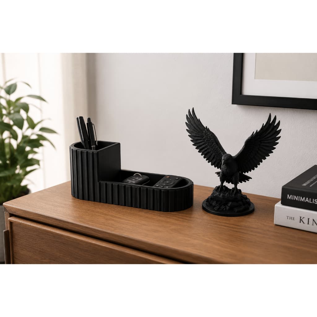Kit Organizador De Mesa Luxo Moderno Com Águia Decorativa + Porta Objetos Preto