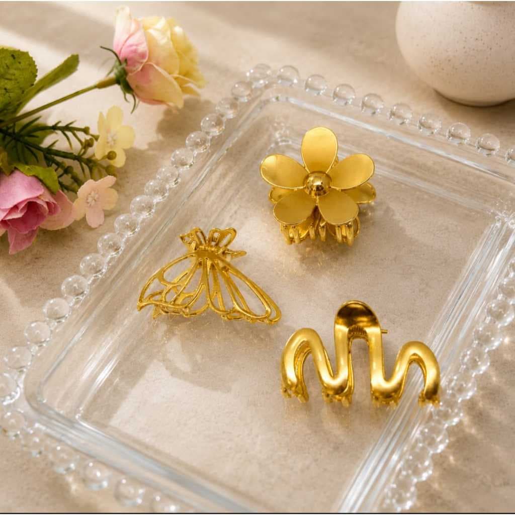 Kit 3 Peças Presilhas de Cabelo Piranhas Prendedor de Metal Pequena Luxo Dourado