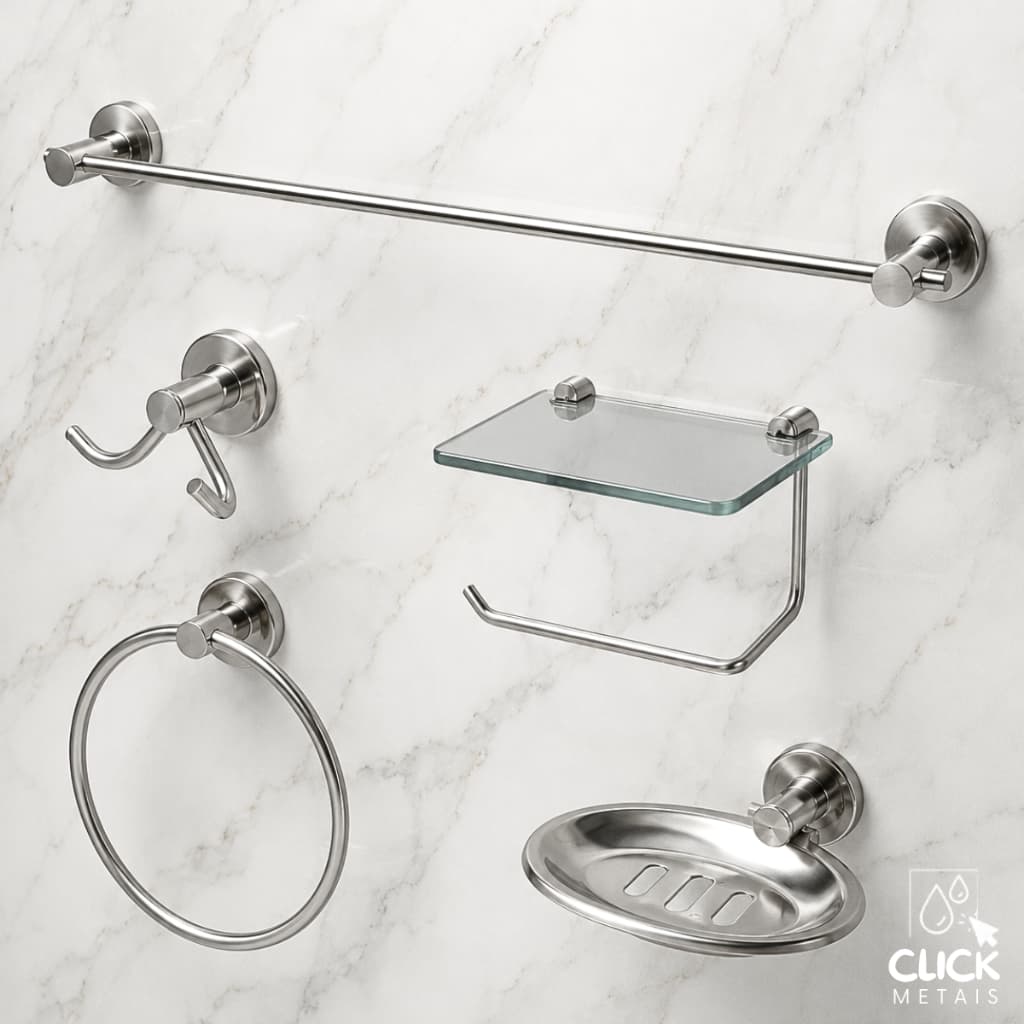 Kit Acessórios Banheiro 5 Peças Porta Papel Higiênico com Suporte Celular Prateleira de Vidro Luxo