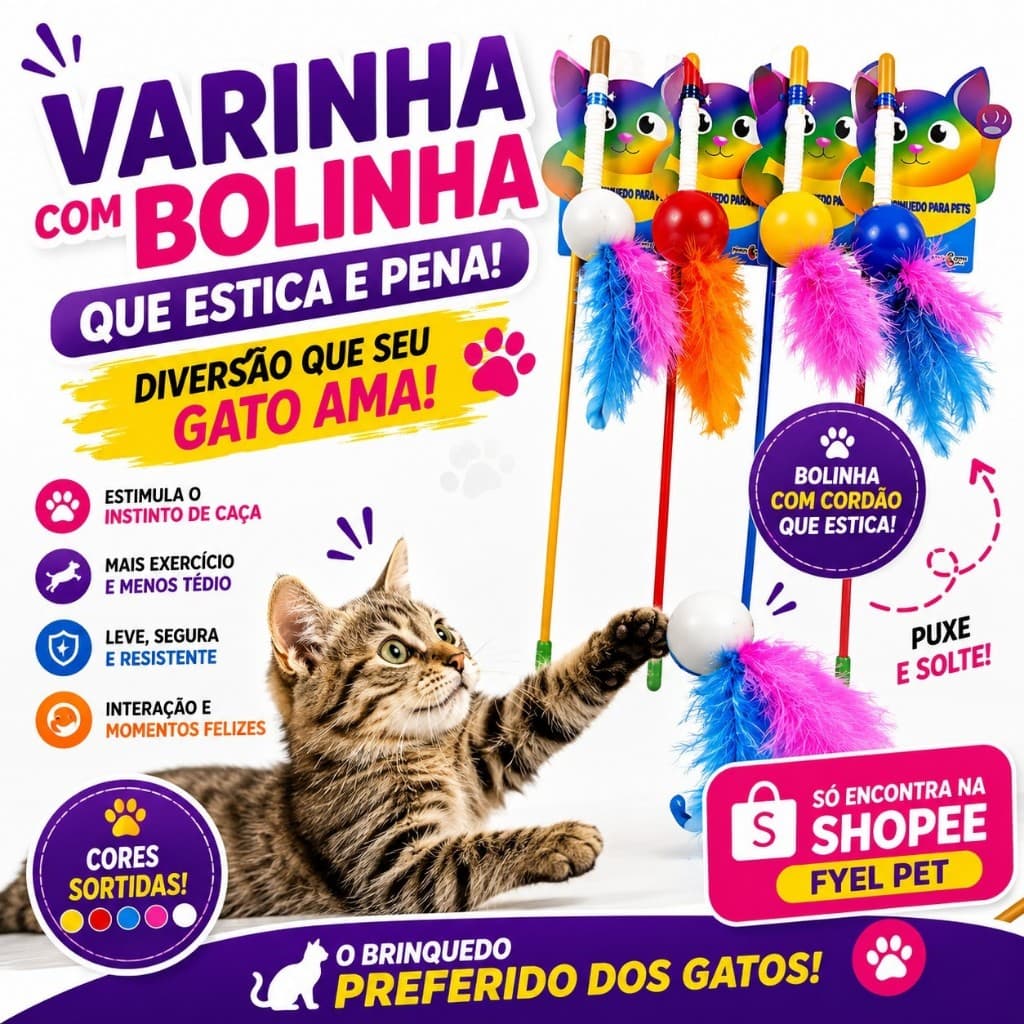Brinquedo para Gato | Varinha de Gato com Bolinha e Pena | Brinquedo Interativo com Bolinha e Cordão