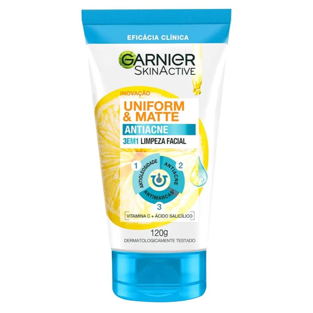 Garnier Uniform & Matte Sabonete Facial 3 em 1 Antiacne 120g - Ácido Salicílico + Vitamina C - Pele Oleosa