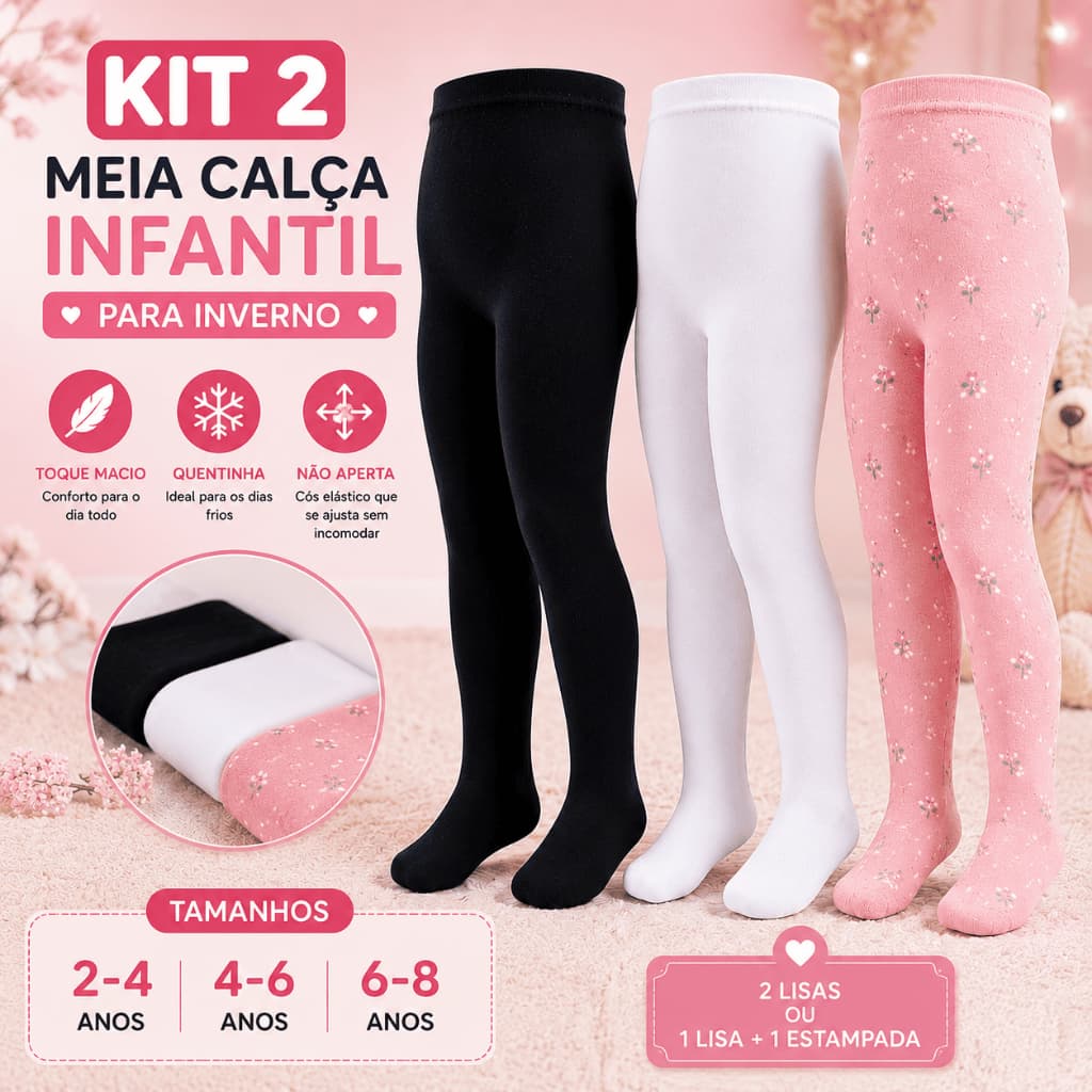 Kit 2 Meia Calça Infantil Garotas Menina Para Inverno Calças Meia com Pé 4 a 8 Anos