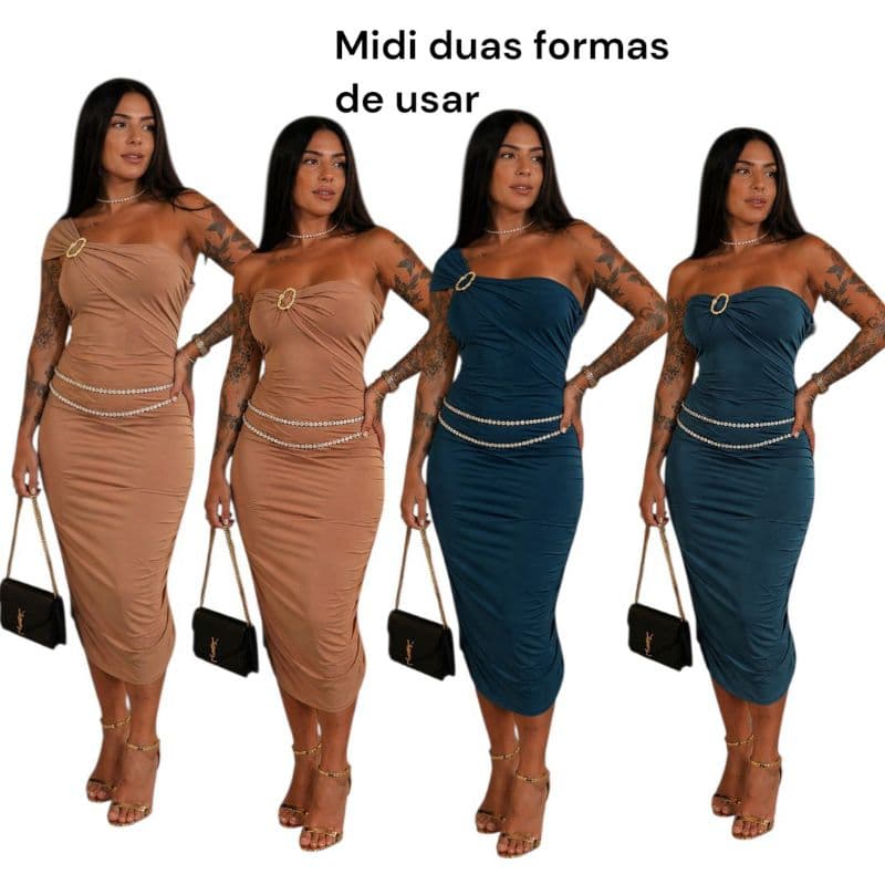 Vestido midi duas formas de usar,com drapeado nas laterais,fivela dourada no ombro.festas,eventos.moda gringa, ombro só.