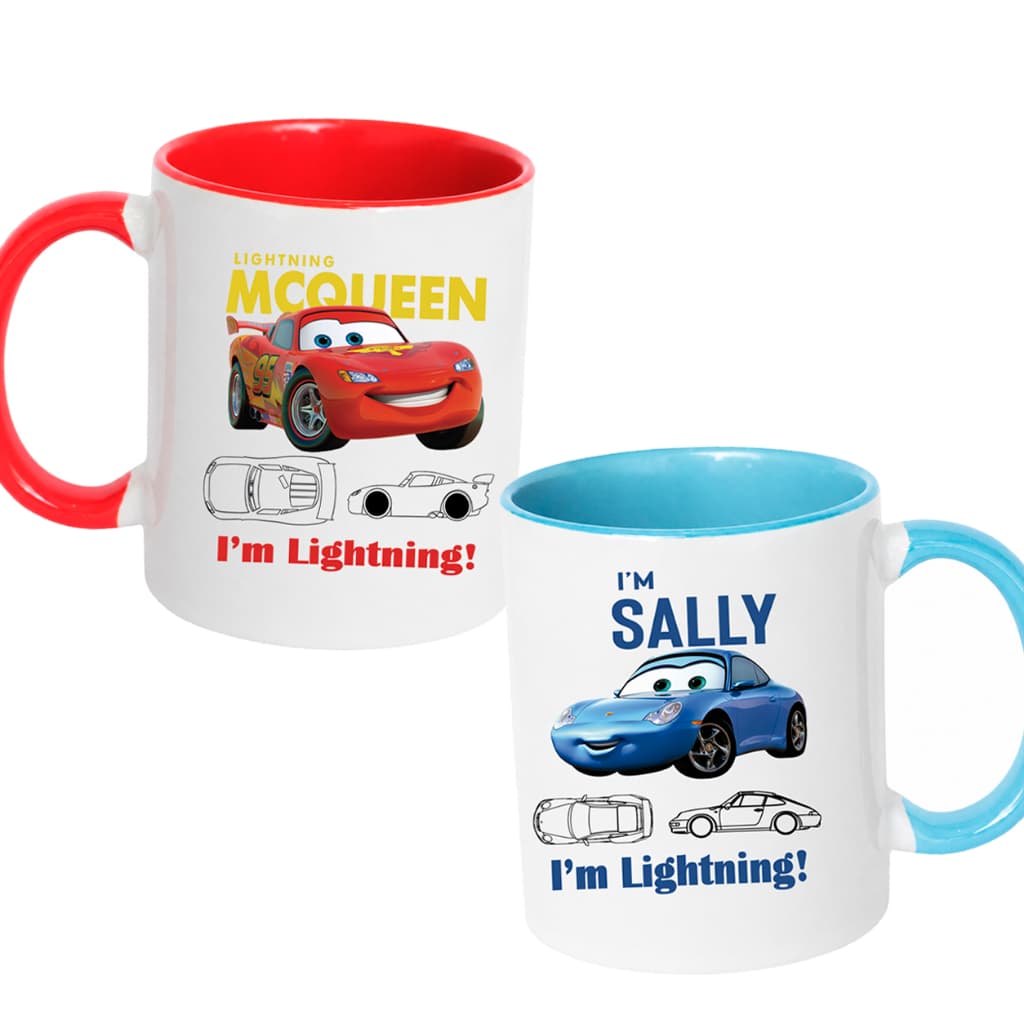 Conjunto 2 Canecas Carros  McQueen & Sally Alça Vermelha e Azul - Presente Dia dos Namorados