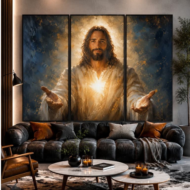 Kit Quadro Decorativo 3 Peças Jesus Luz do Mundo Fé Religioso Moderno Grande Sala Quarto Escritório