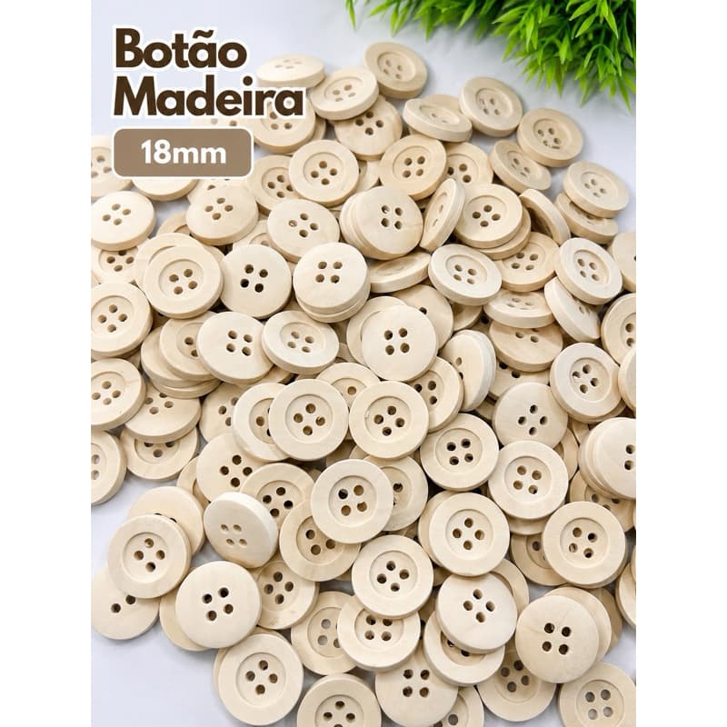 Botão Madeira Natural 18mm 4 furos Costura, Patchwork , Artesanato