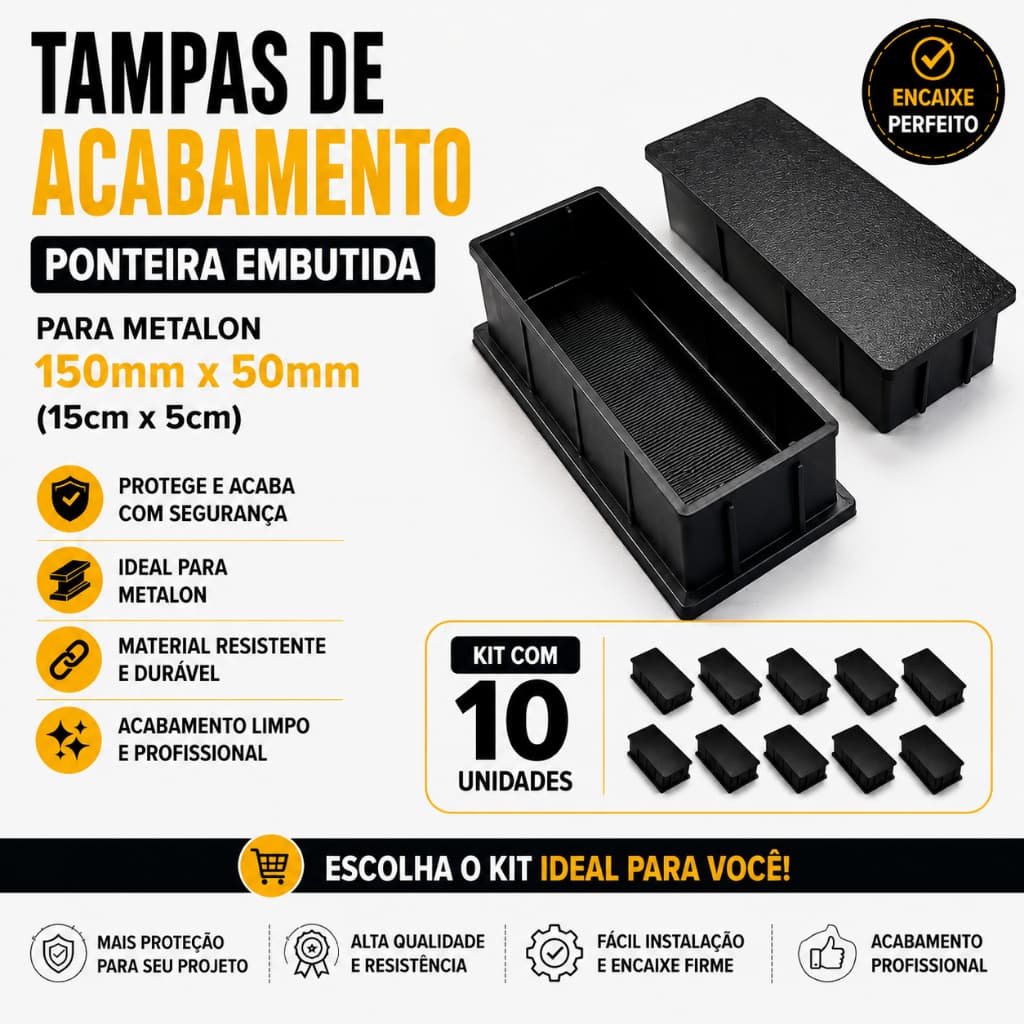 Kit 10 Tampas Ponteira Embutida para Metalon 150x50mm | Tampa Acabamento Retangular 15x5cm Preta