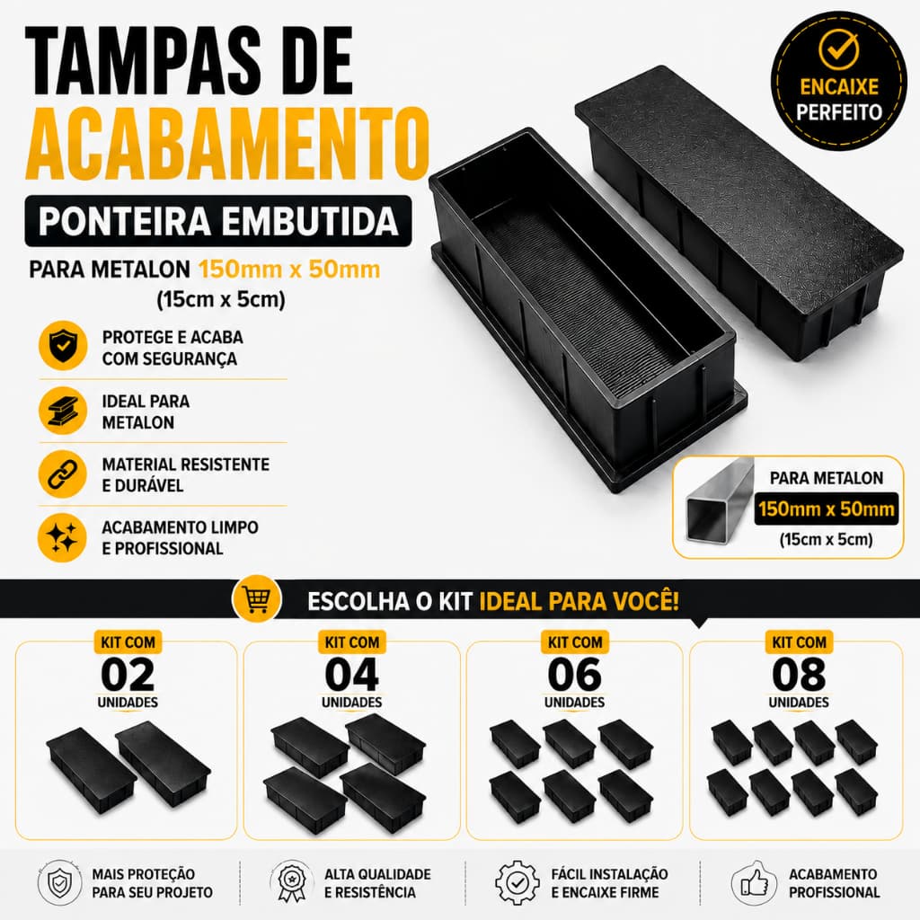 Kit Tampa Acabamento Ponteira Embutida Metalon 150x50mm | Tampa Interna Retangular 15x5cm Preta
