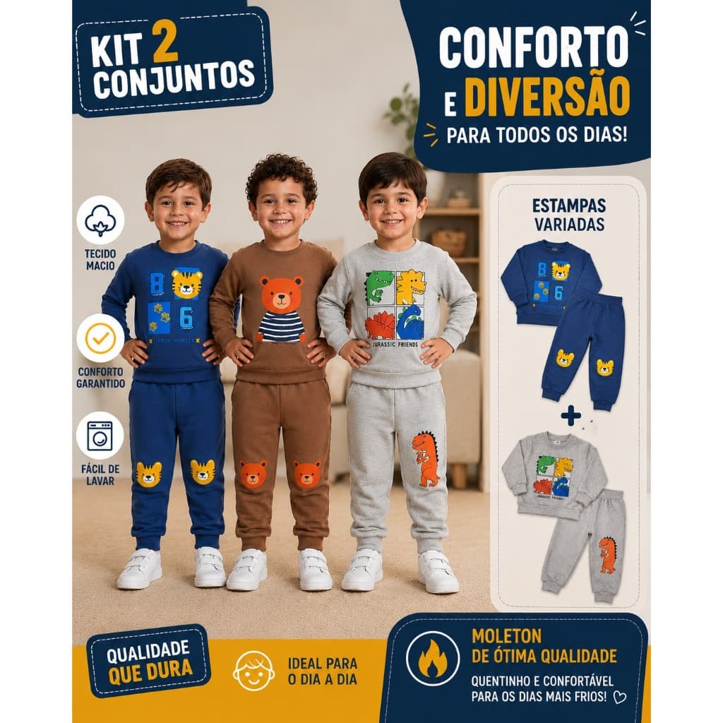 Kit Com 4 peças 2 conjuntos infantil Sortidos do 2 ao 14 Menino Cores e Estampas Sortidas