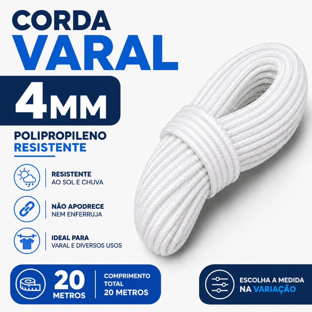 Corda Branca 4mm Reforçada para Varal Roupas Amarrações e Quintal 20 Metros