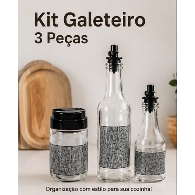 Kit Galeteiro Porta Azeite Vinagre E Tempero Vidro 3 Peças Organizador De Cozinha Decoração Elegante Premium