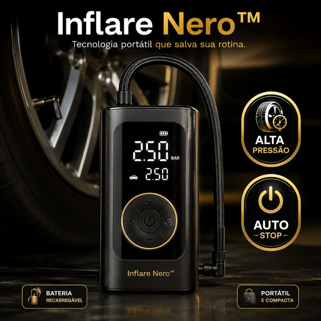 Inflare Nero™ Bomba de Ar Digital Portátil Recarregável Compressor Alta Pressão para Carro Moto Bike com Display LED