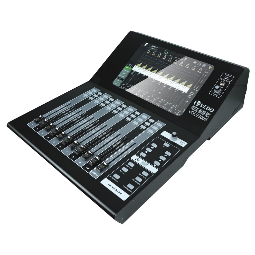 VEDO Mesa de Som Digital 20 Canais 16 Gravação Multipista 10 Faders Motorizados Tela sensível ao toque de 10" 2 FX