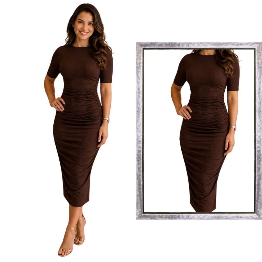 Vestido Feminino Midi Canelado com Manga Drapeado Elegância e Ousadia