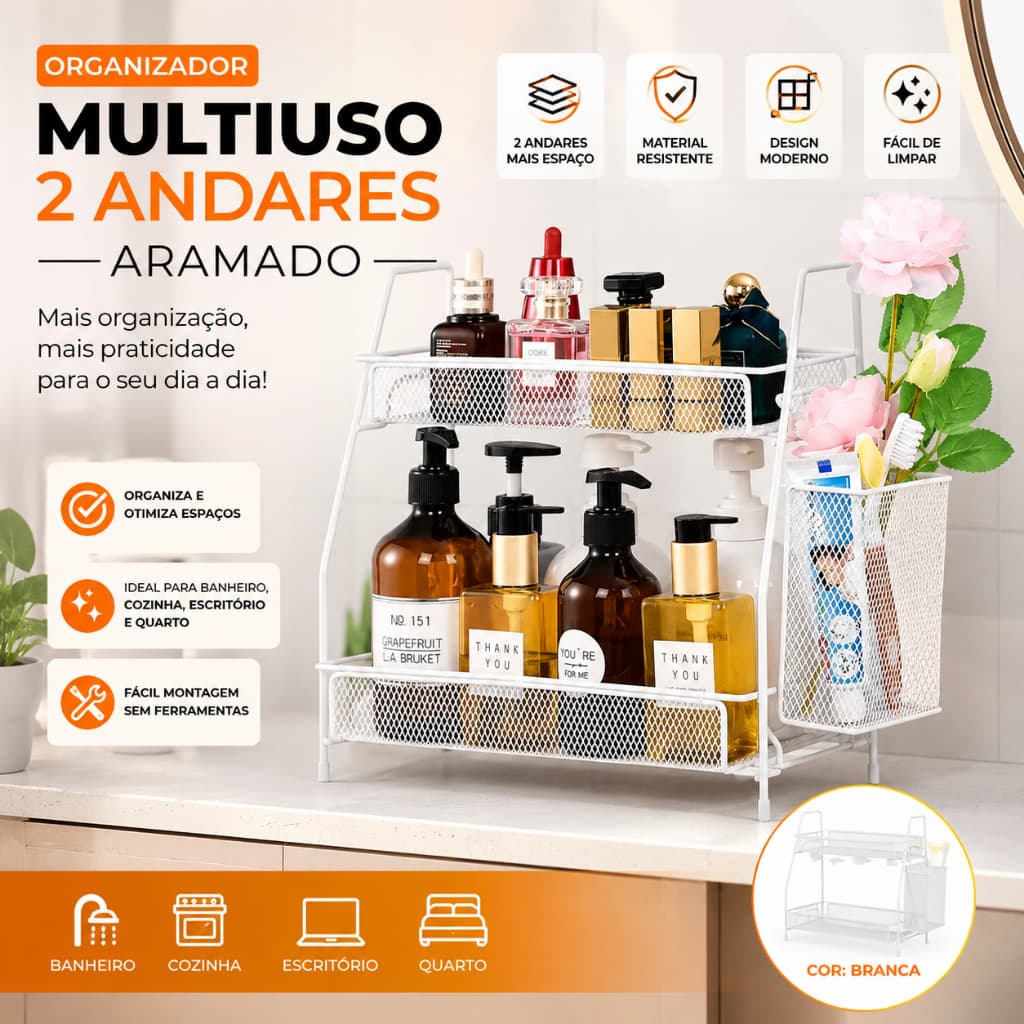 Organizador 2 Andares Aramado Branco | Suporte Premium para Banheiro, Cozinha e Penteadeira