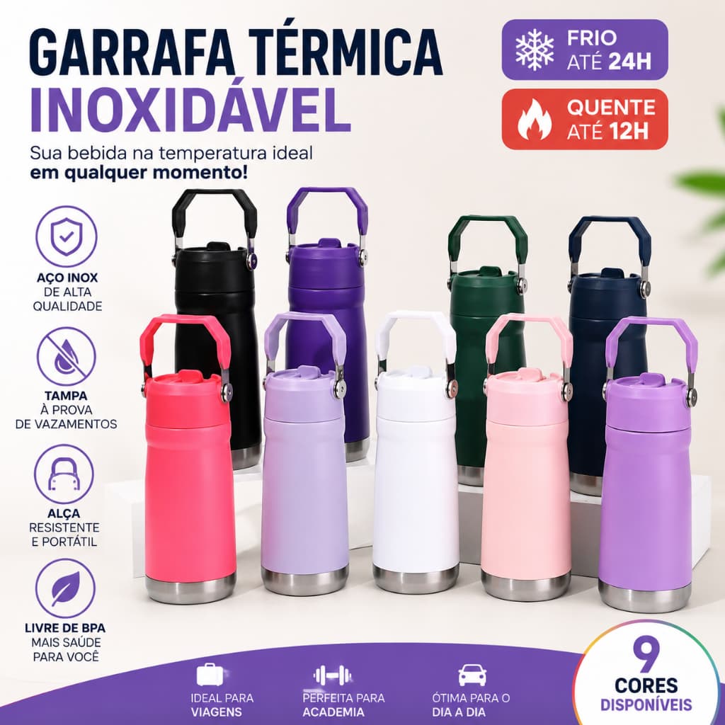 Garrafa Térmica Inox 650ml Parede Dupla com Canudo Flip, Alça Portátil, Academia e Viagem