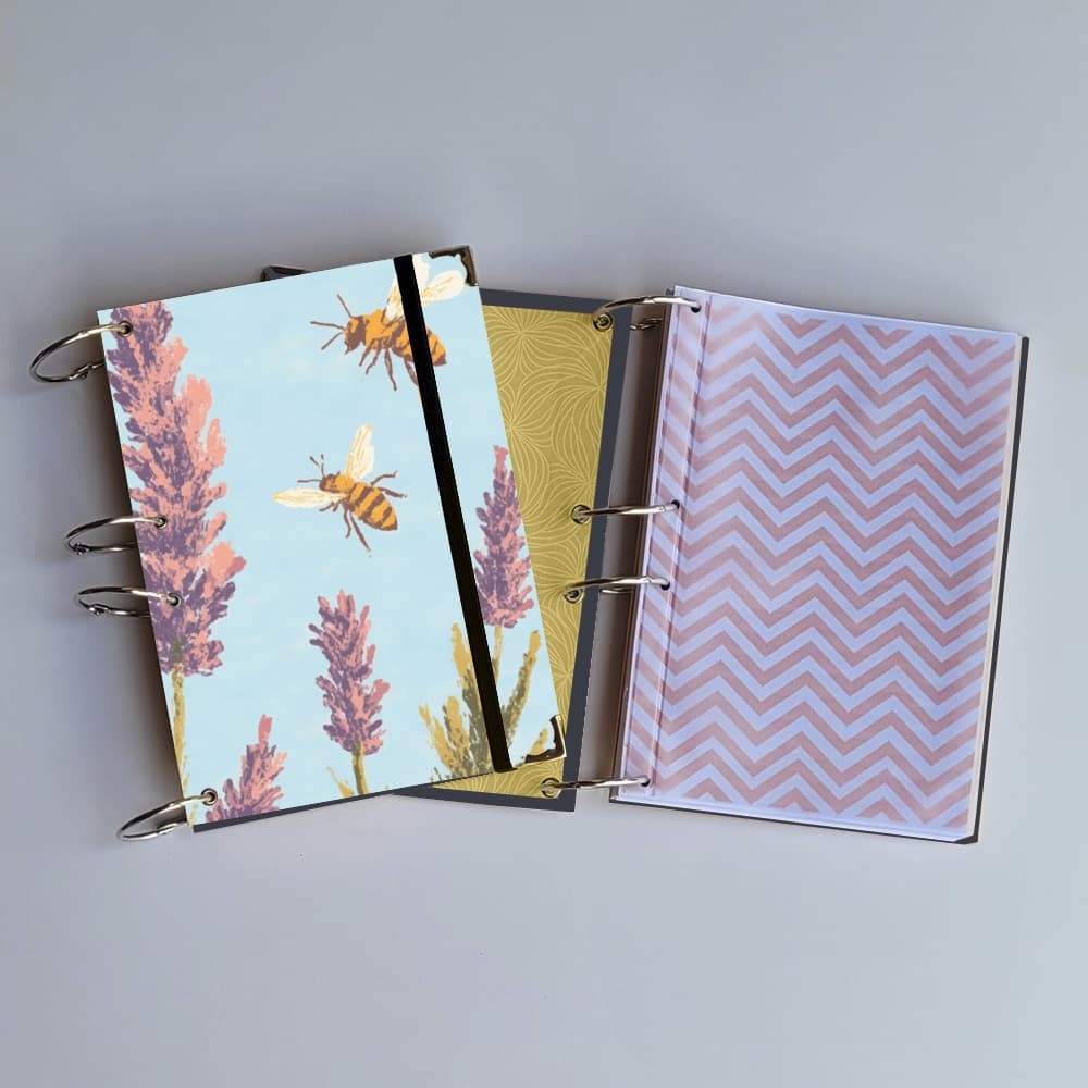 Caderno Argolado Abelha e Lavanda (Capa e Argolas) Universitário Colegial A5 Fichário natureza fofo