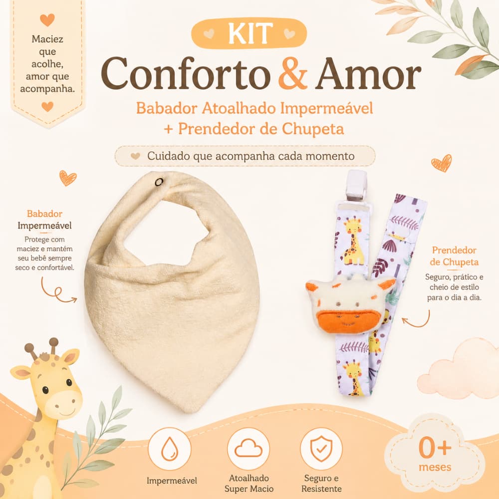 Kit Babador Bebê Bandana Impermeável Mais Prendedor de Chupeta Com Pelucia Menino Menina Infantil