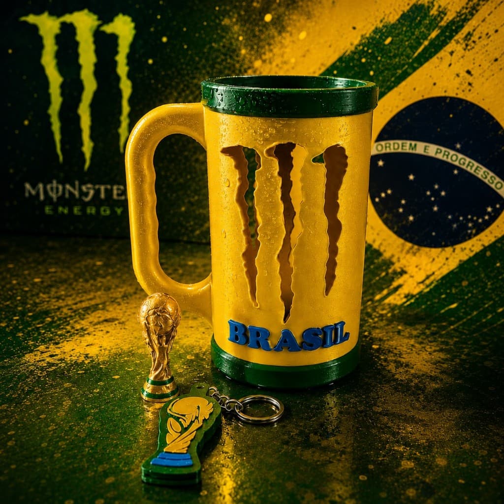 Caneca Monster Brasil Personalizada + Chaveiro Taça + Abridor | Tema Futebol Copa