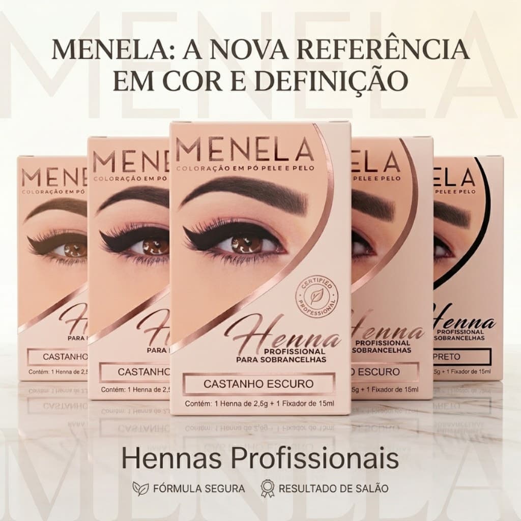 Henna Profissional Menela para Sobrancelhas – Fixação Intensa e Longa Duração – Cores Variadas
