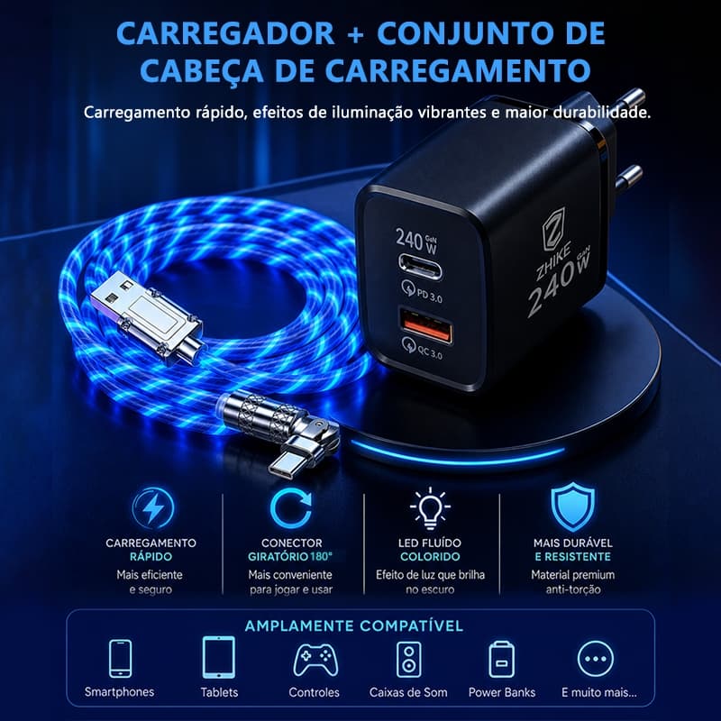 Kit Cabo Carregador Streamer Luz Fluida USB-A Para Tipo C Micro USB iP Com GaN Adaptador Carregamento Rápido Dados 1M