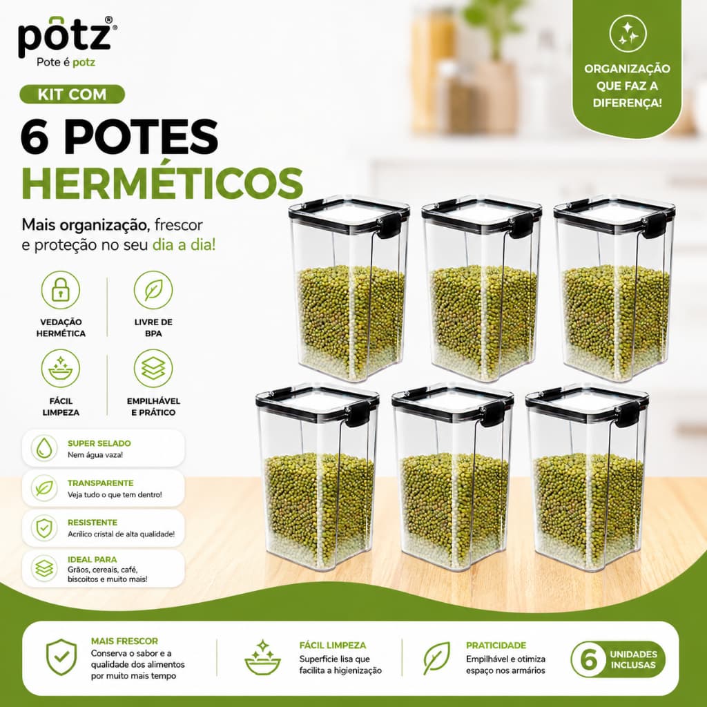 Kit 6 Potes herméticos Organizador Empilhavel Mantimentos c/ Lacre Vedação