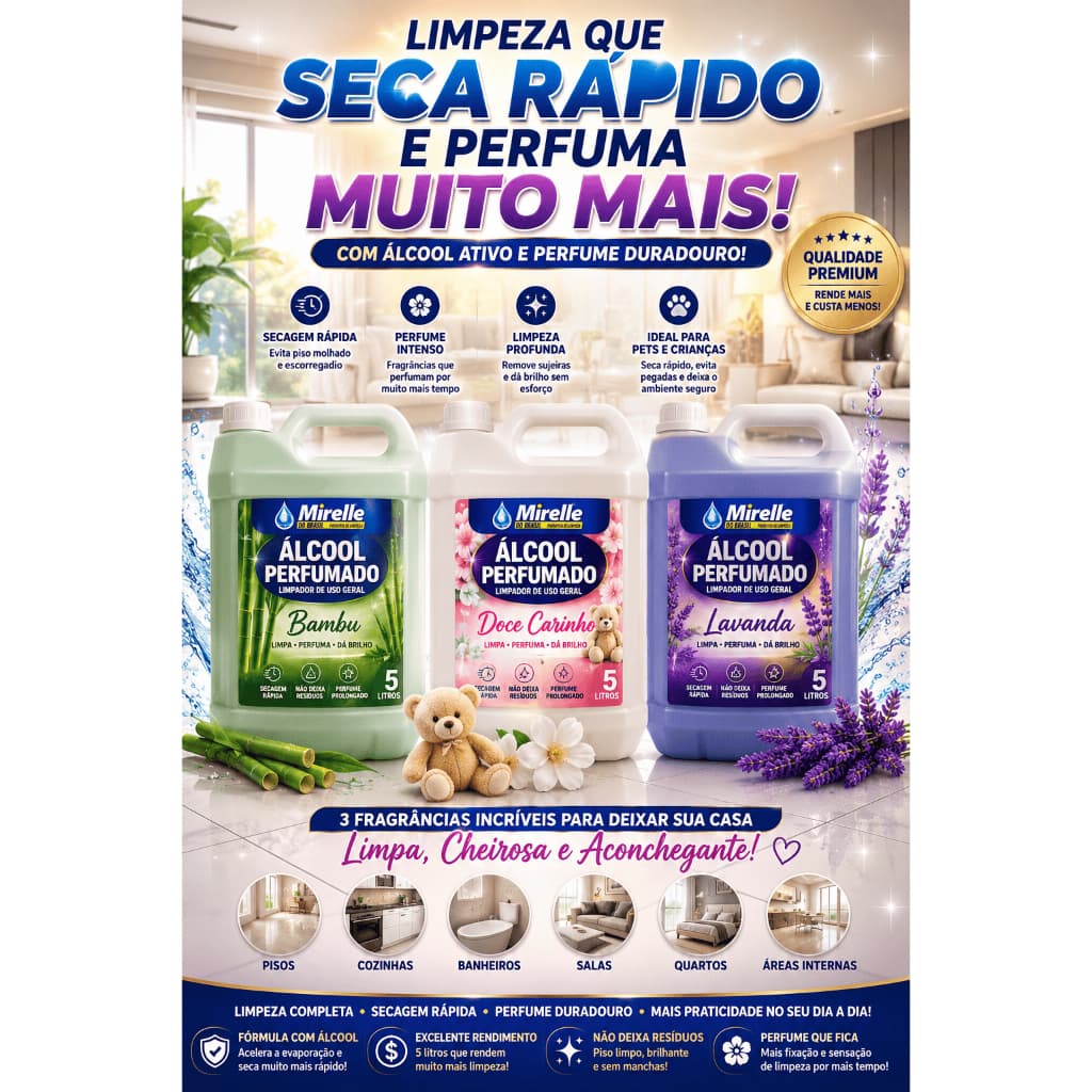 Limpador com Álcool Uso Geral Mirelle do Brasil 5L – Ideal para Casas, Empresas, Pets e Alta Circulação | Secagem Rápida