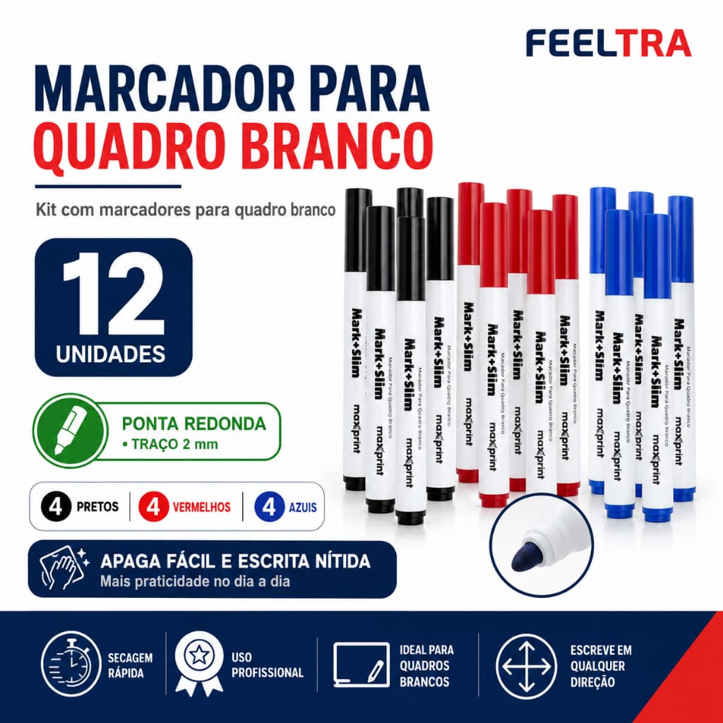 Marcador Quadro Branco Maxprint Escola Escritório Pack Cores Azul Vermelho Preto