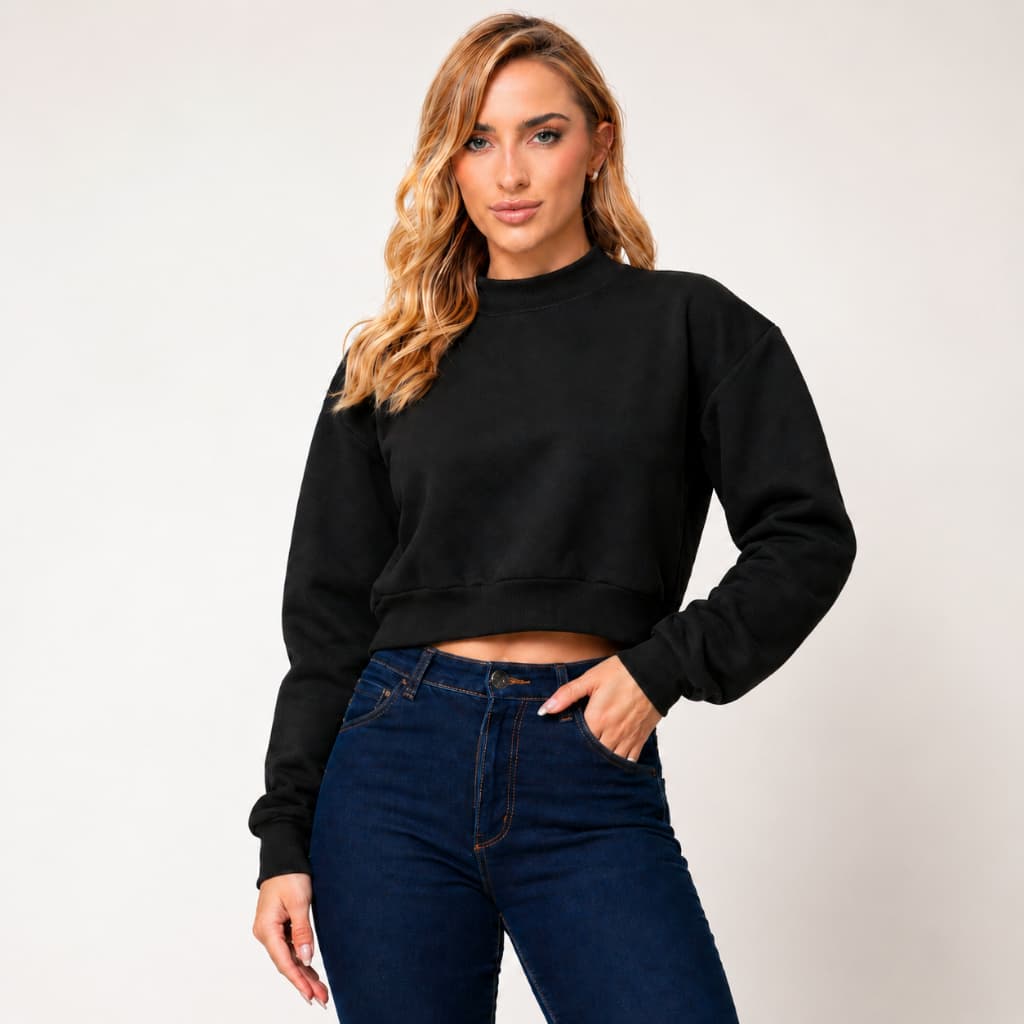 Cropped Moletom Feminino Peluciado Liso Manga Longa Quentinho Frio
