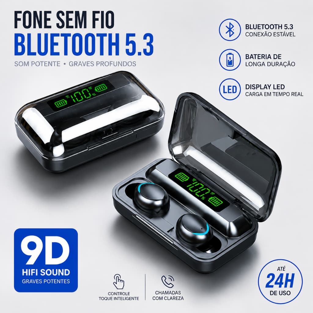 Fone Bluetooth F9 TWS Sem Fio Bluetooth 5.3 Com Power Bank Display LED Microfone HD Android iPhone