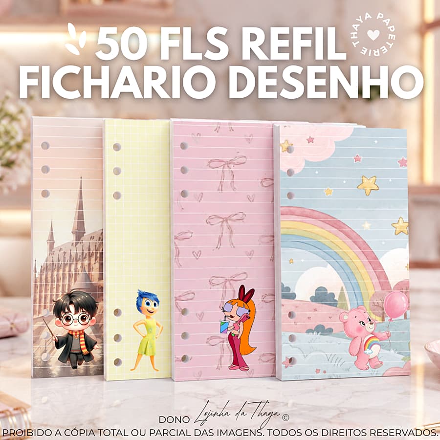 refil fichário binder 50 folhas desenhos de 90g