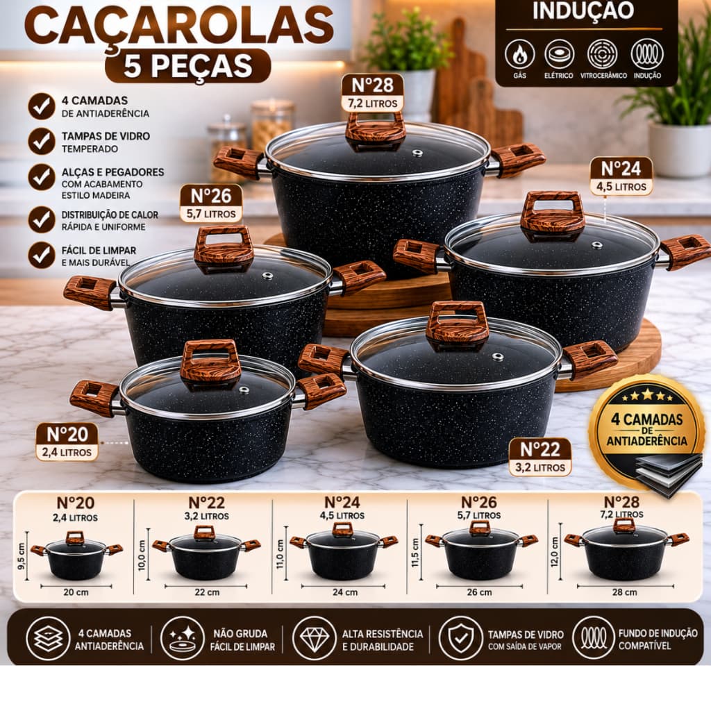 Jogo De Panelas Caçarolas Indução 4 Camadas Antiaderente 5 peças