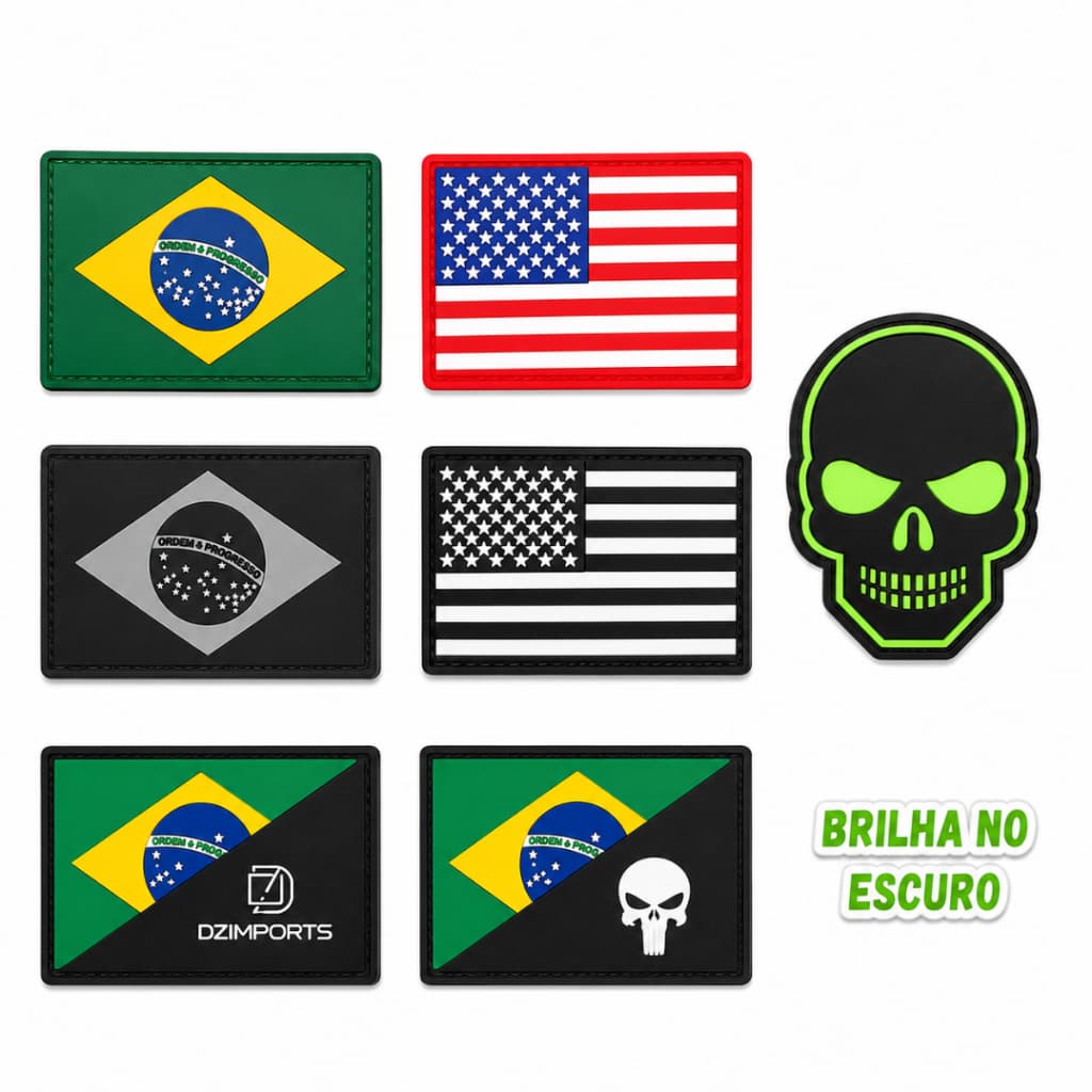 Patch Bandeira Emborrachada 3d Patch C/ Velcro Militar Tático Brasil Caveira USA Para Mochila Tática