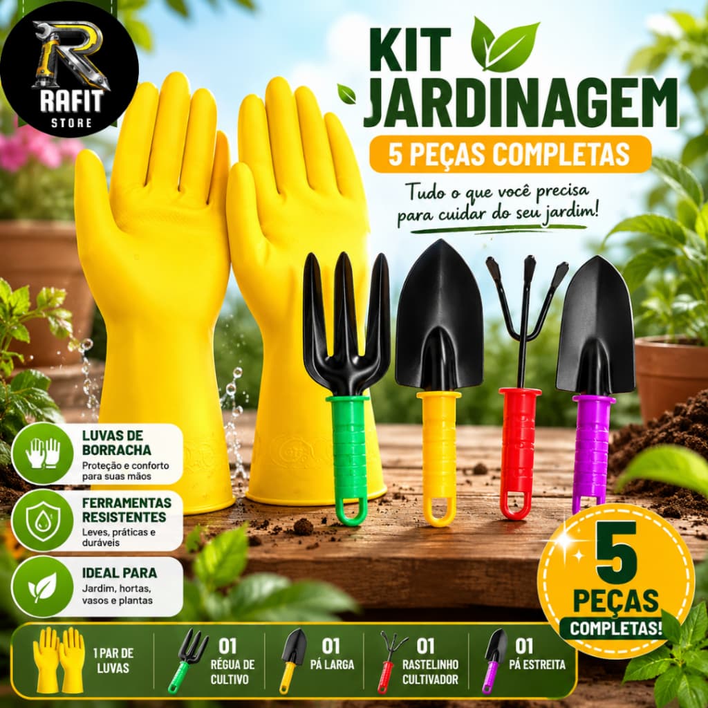 Kit Jardinagem 5 Peças Com Luvas Ferramentas Para Horta Jardim Plantas