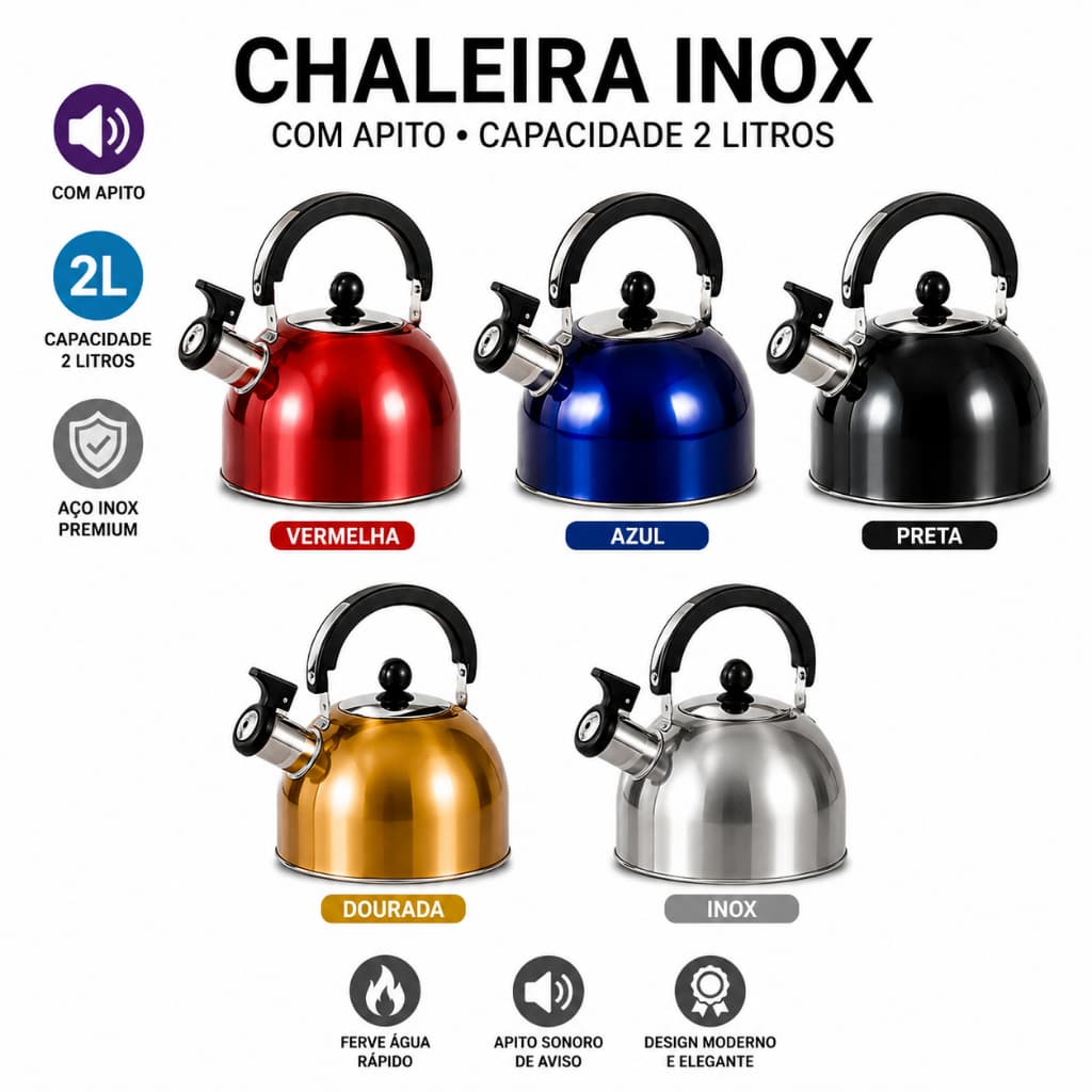 Chaleira Inox Com Apito 2L Premium – Ferve Rápido Fogão Gás/Indução | Moderna e Resistente