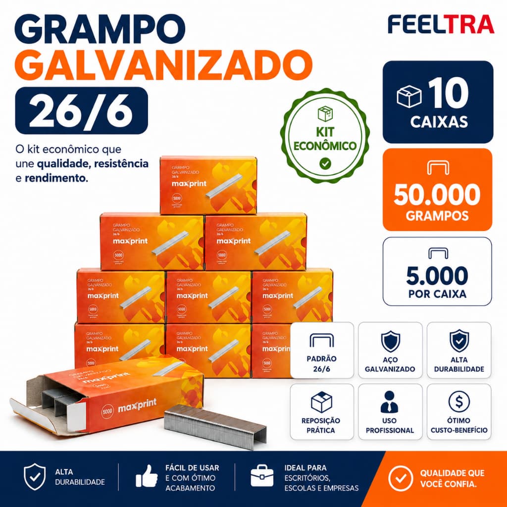 Grampo 26/6 Aço Galvanizado Prateado Kit 50000un Para 30 Folhas 10 Caixas Para Escritório Escola Gráficas Grampeadores