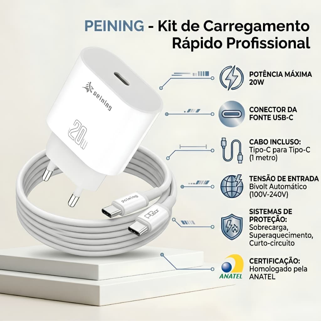 Carregador Turbo 20w GaN Carregamento Rápido + Cabo Tipo-C/Tipo-C Cor Branco