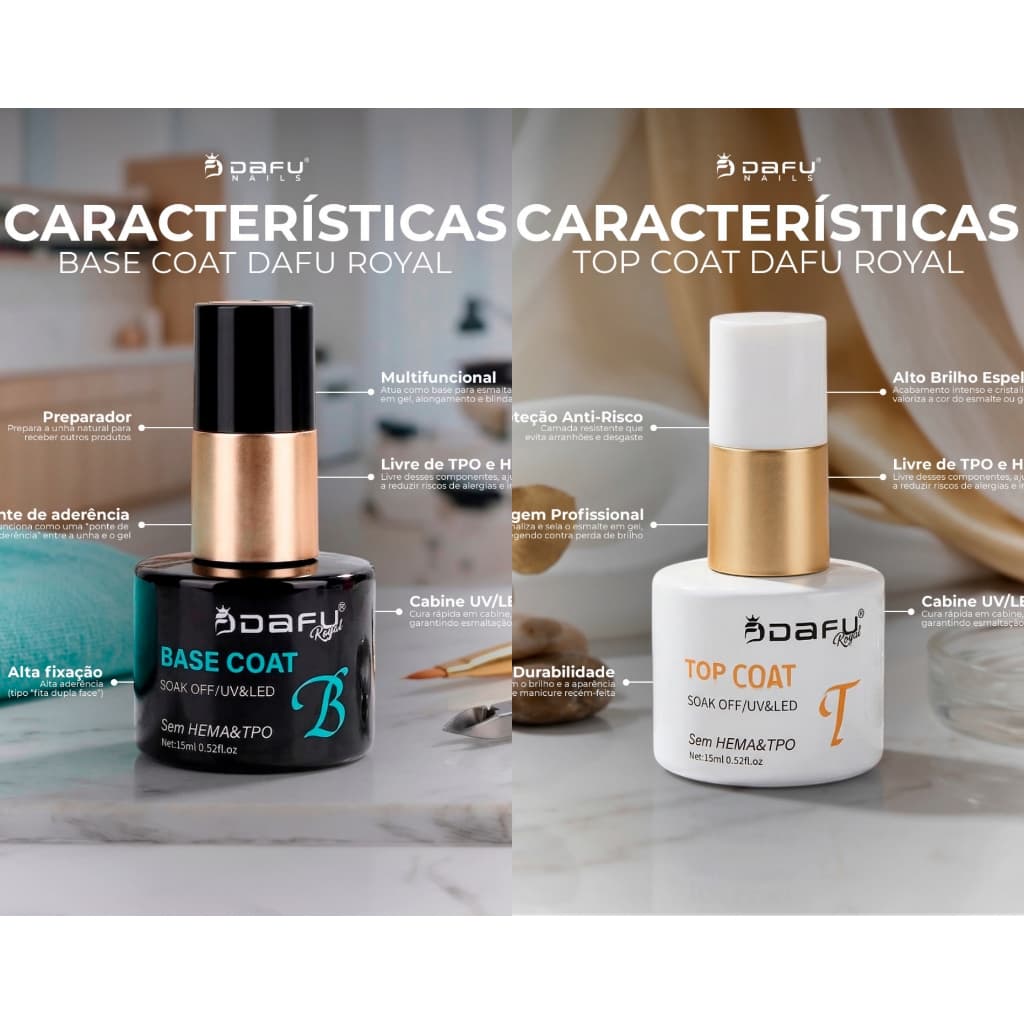 Combo Dafu Royal Base Coat e Top Coat 15ml Sem HEMA UV LED Premium-BS01-TP02