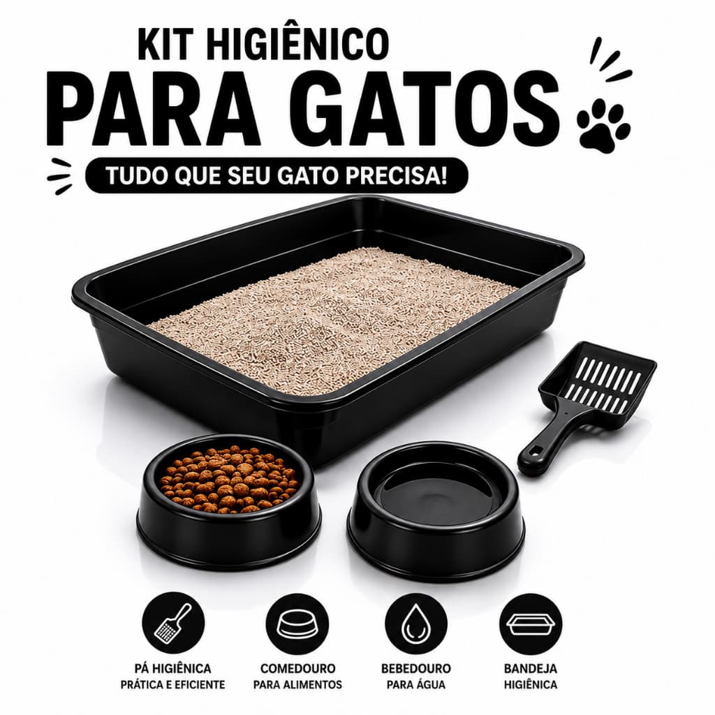 Kit Caixa de Areia para Gatos Bandeja Pá Higiênica Comedouro e Bebedouro 4 Peças