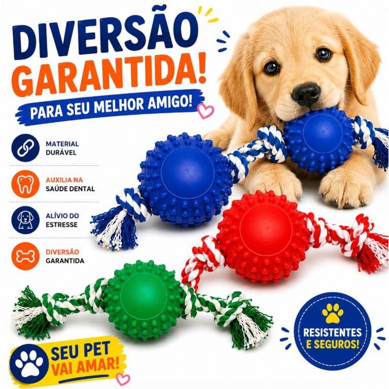 Kit Brinquedos Pet Bolinha Cravo com Corda Anti Estresse Adestramento Cachorro