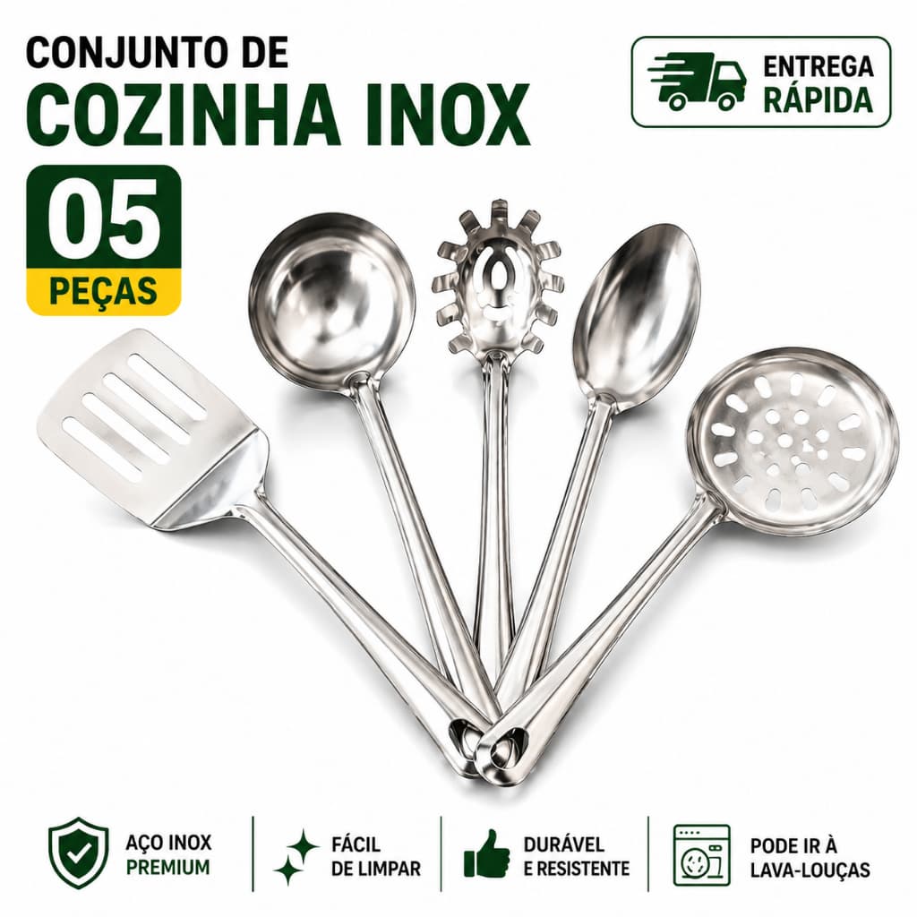 Kit Inox Concha Feijão, Colher de Arroz, Espátula Vazada, Pegadora Massas e Escumadeira Cozinha Domestica Profissional