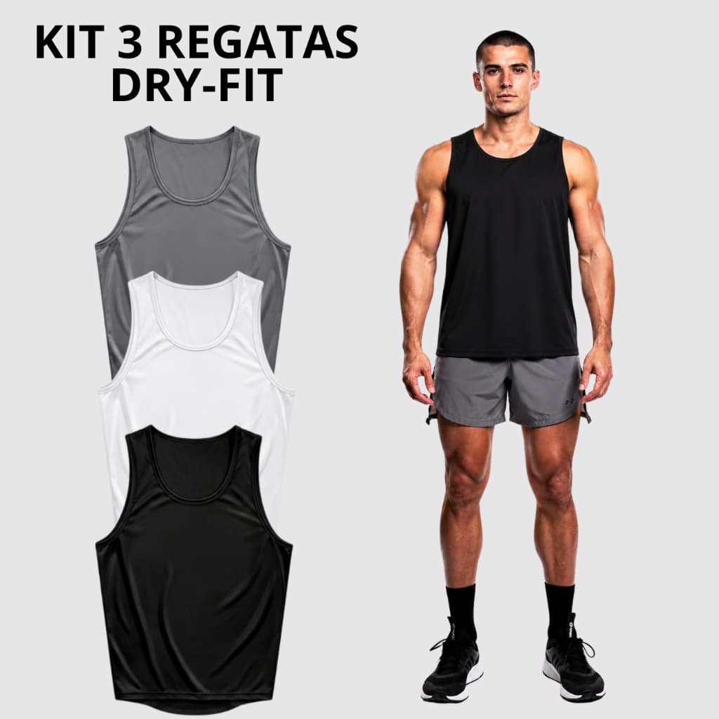 Kit Com 3 Regatas Dry-Fit Masculina Básica Lisa Fitness Corrida, Academia, CrossFit Poliester