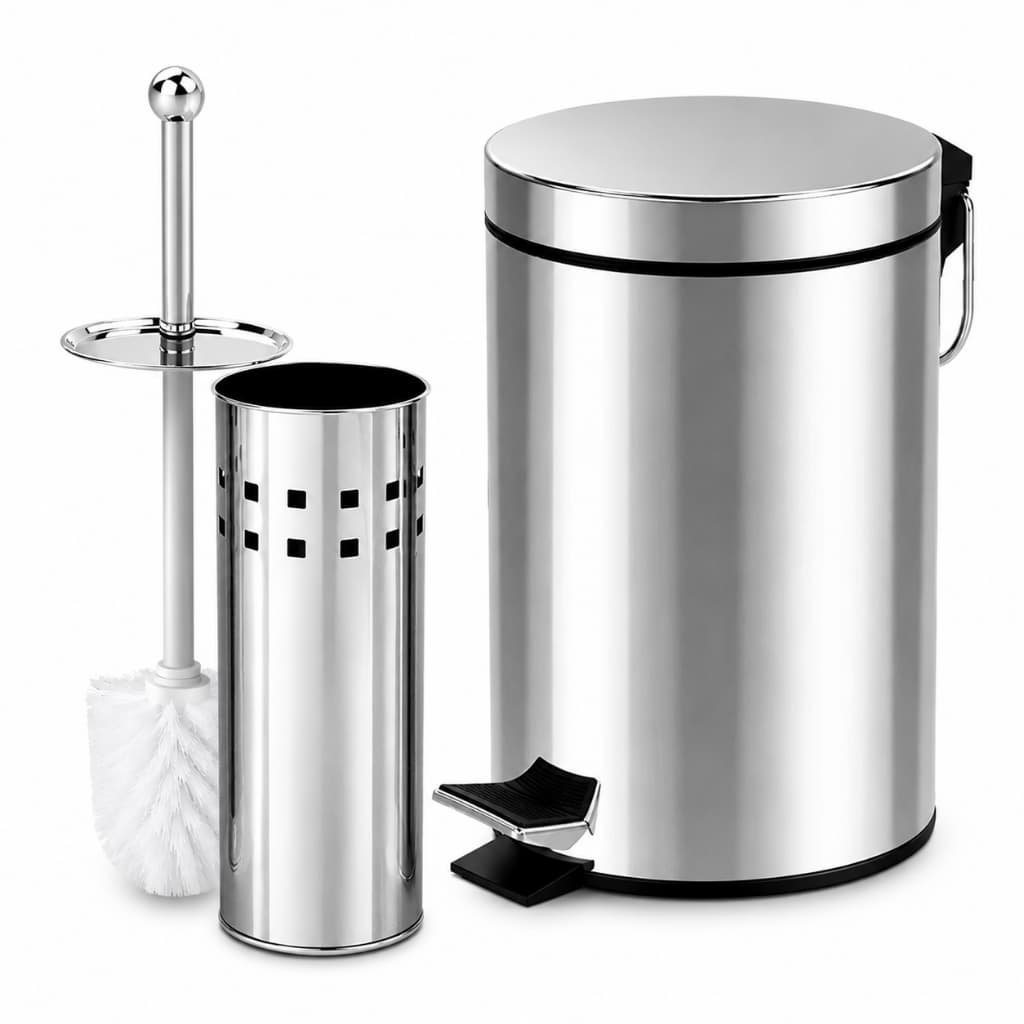 Kit Lixeira Inox 2,7Litros Escova Sanitária Pedal Cesto Interno Removível Aço Banheiro