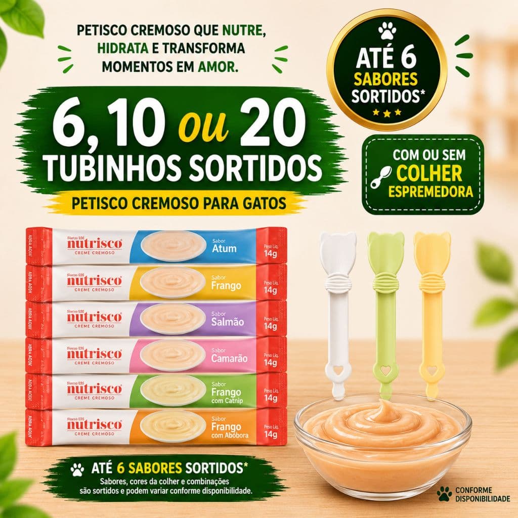 Petisco Cremoso para Gatos Nutrisco 6 10 ou 20 Tubinhos Com ou Sem Colher até 6 sabores Snack